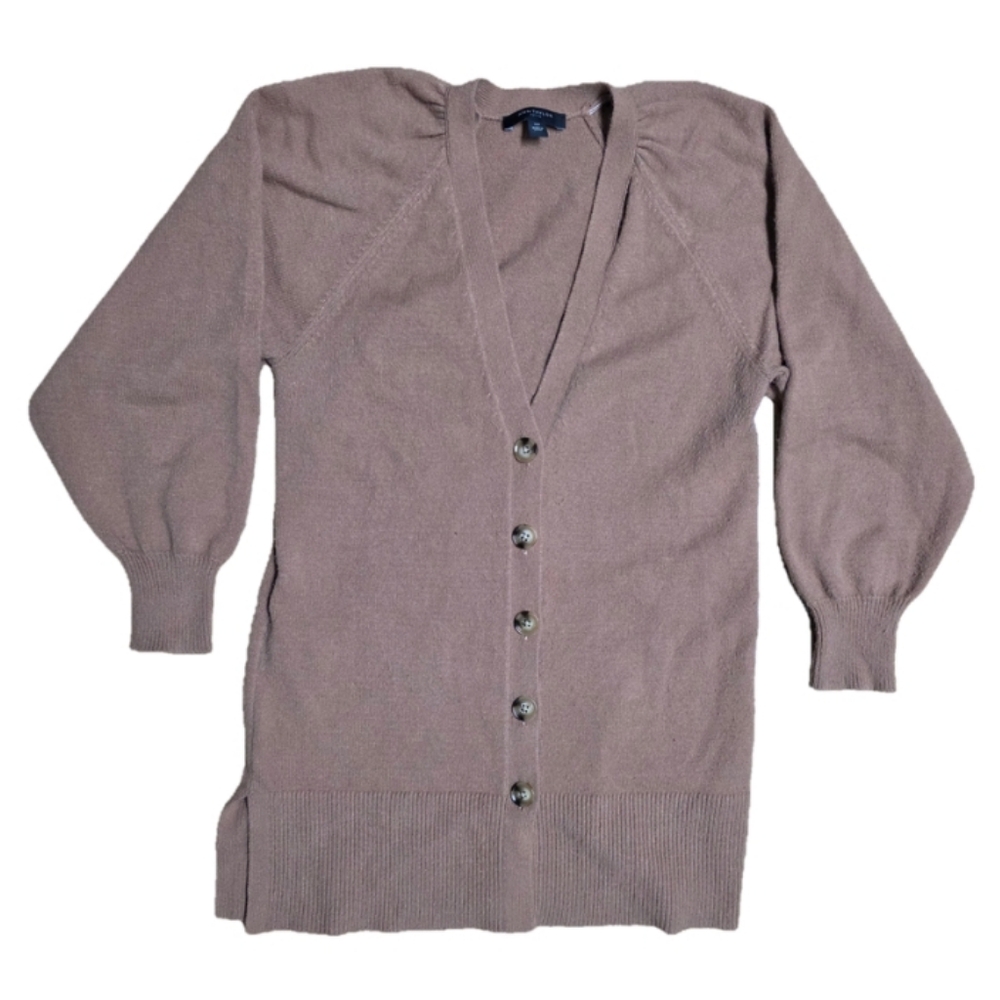 Ann Taylor Petite Women's Camel V-Neck Button‎ Puffed Sleeves Cardigan Size XSP